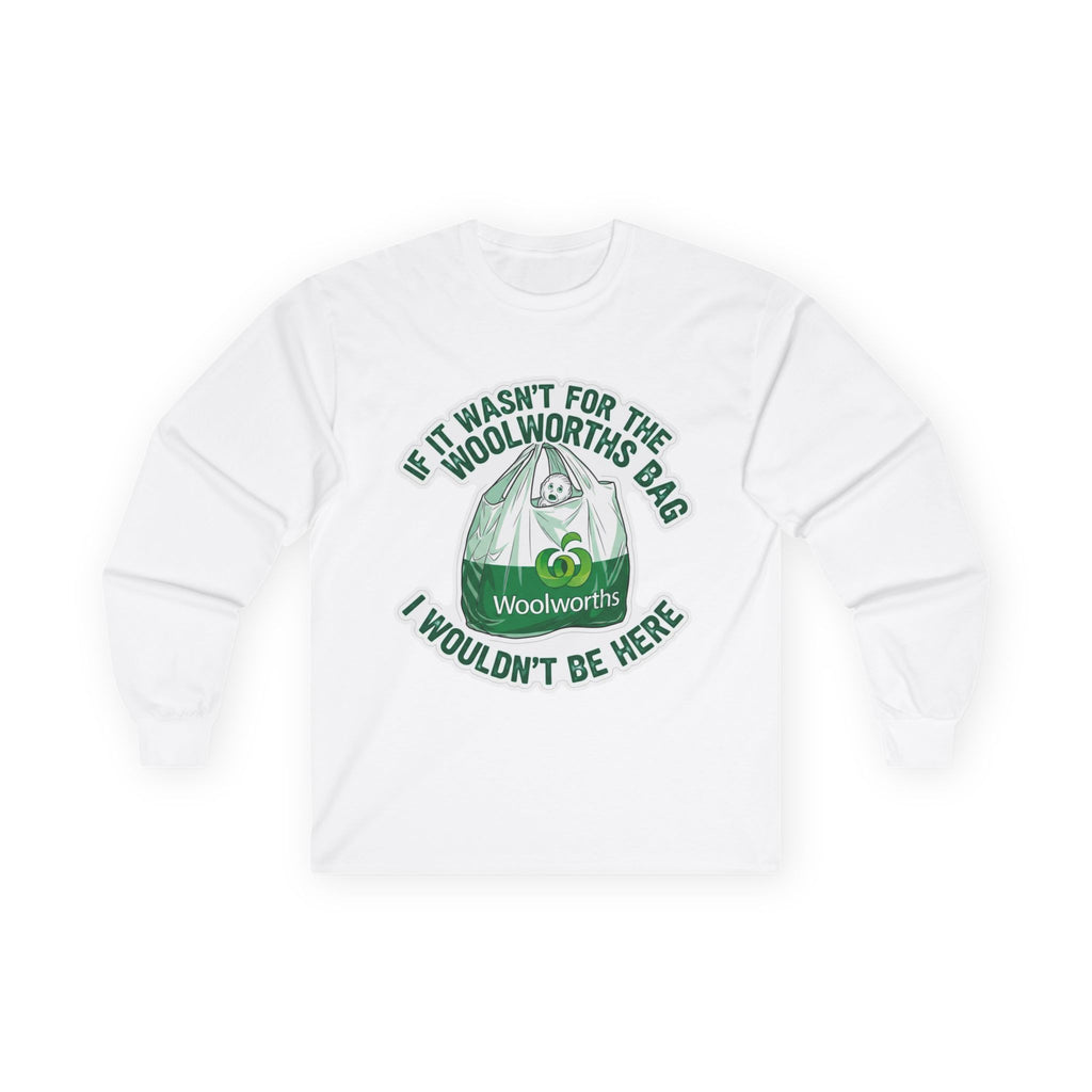 Woolworths Bag Tee, Unisex Long Sleeve Cotton Shirt, Funny Graphic Tee, Gift for Friends, Casual Wear, Holiday Apparel