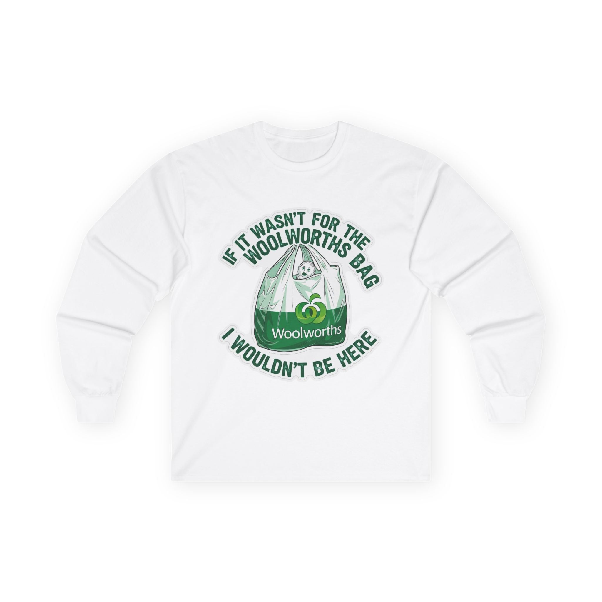 Woolworths Bag Tee, Unisex Long Sleeve Cotton Shirt, Funny Graphic Tee, Gift for Friends, Casual Wear, Holiday Apparel