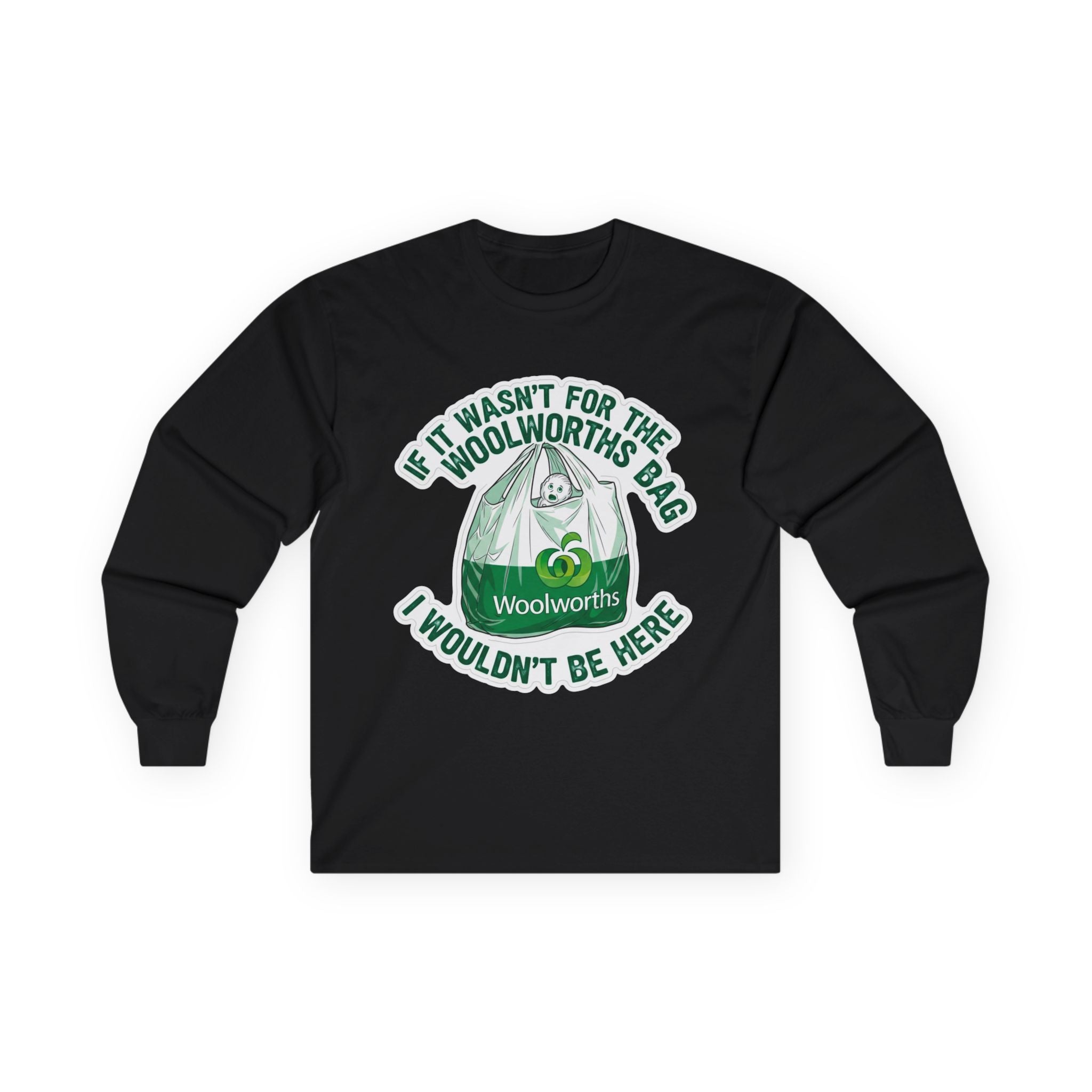 Woolworths Bag Tee, Unisex Long Sleeve Cotton Shirt, Funny Graphic Tee, Gift for Friends, Casual Wear, Holiday Apparel