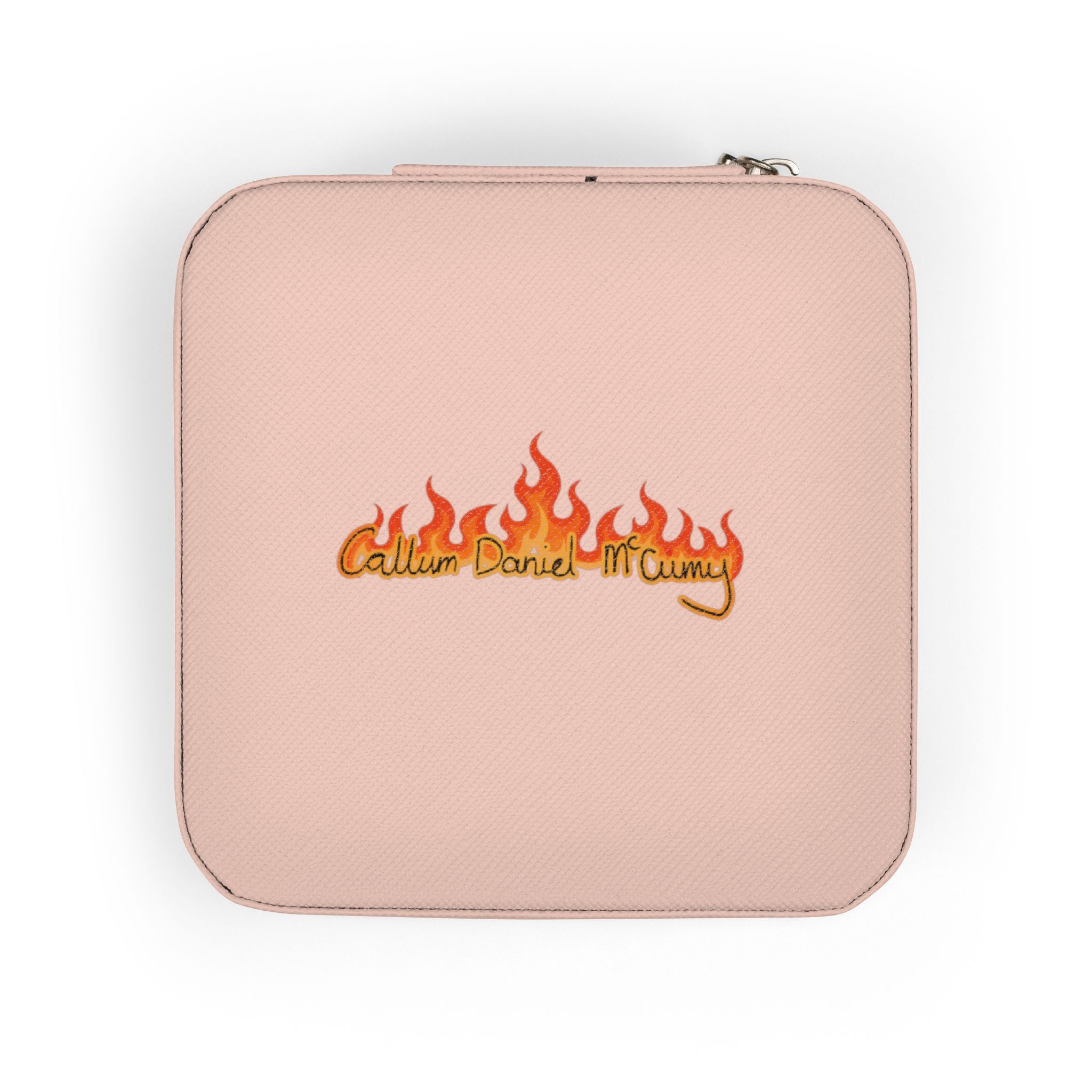 Travel Jewelry Case — Compact Pink Organizer with Flame Patch
