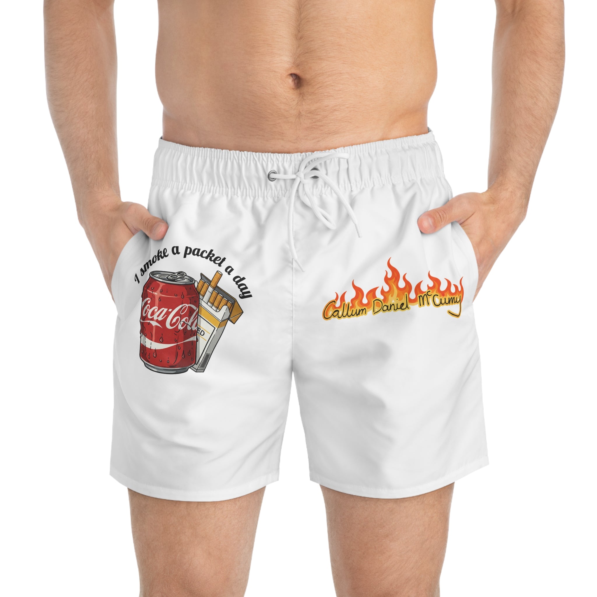 Novelty Graphic Swim Trunks — 'I Smoke a Packet a Day' Coca-Cola Pack Design