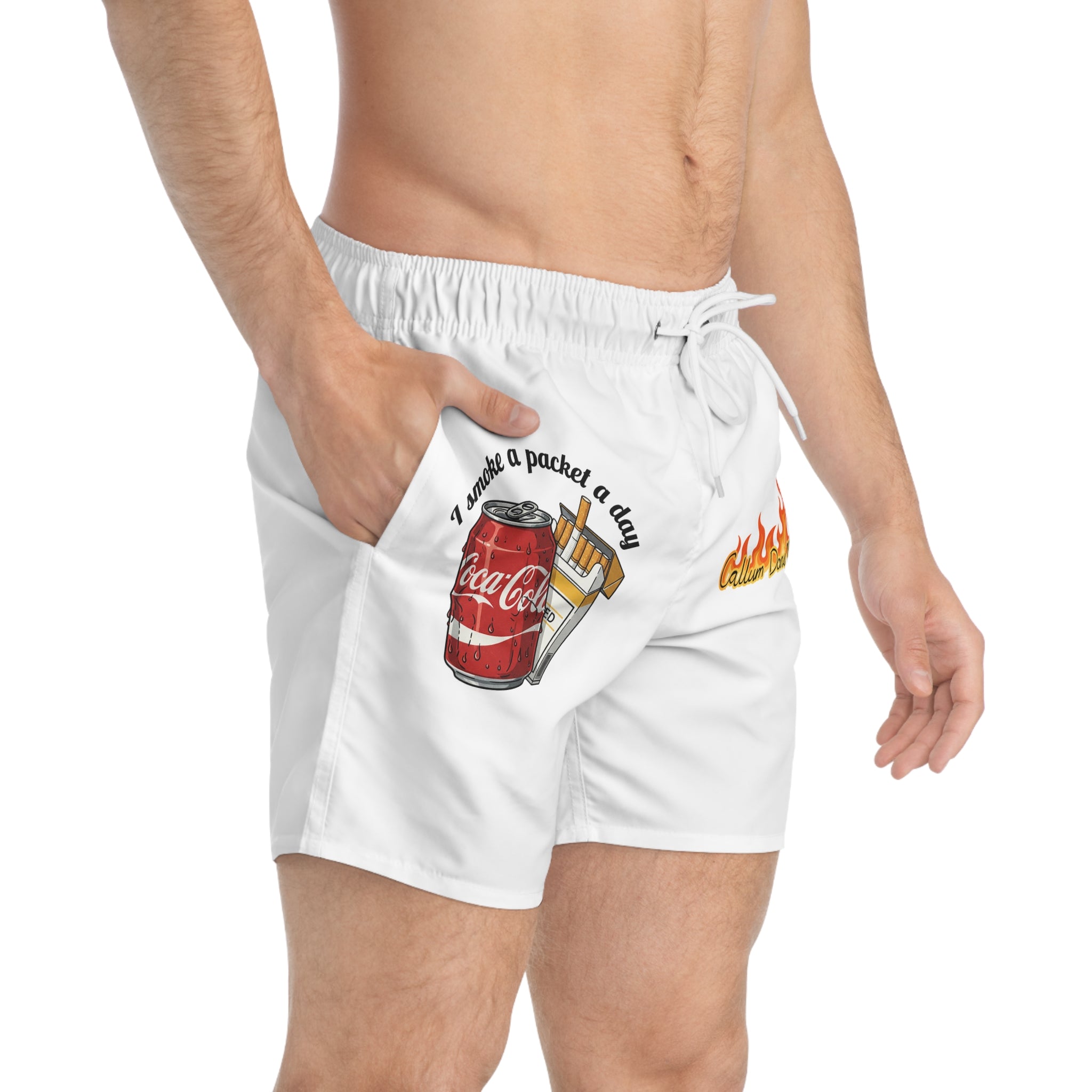 Novelty Graphic Swim Trunks — 'I Smoke a Packet a Day' Coca-Cola Pack Design
