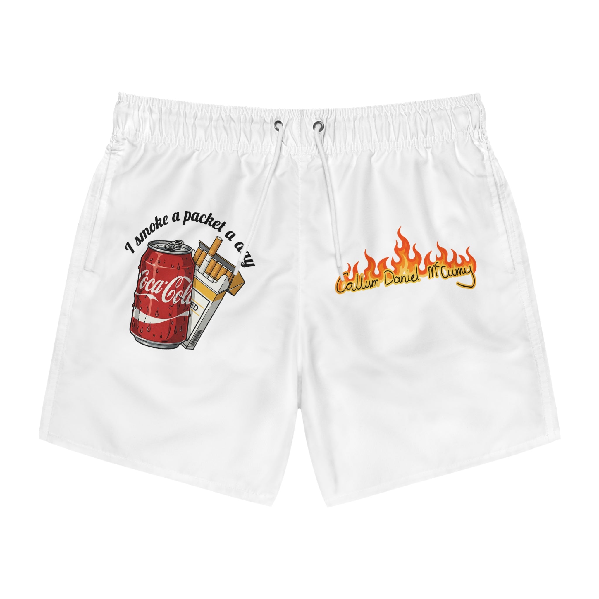 Novelty Graphic Swim Trunks — 'I Smoke a Packet a Day' Coca-Cola Pack Design